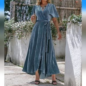 Wrap Belted Butterfly Sleeves dress in Dusty Blue color in size Large Ne…